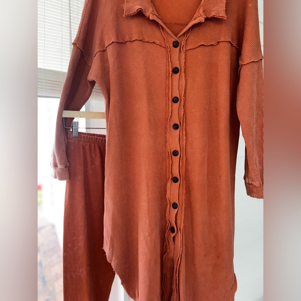 Rust Button-Up Oversized Long Shirt and Pants Set - Picture 2 of 13